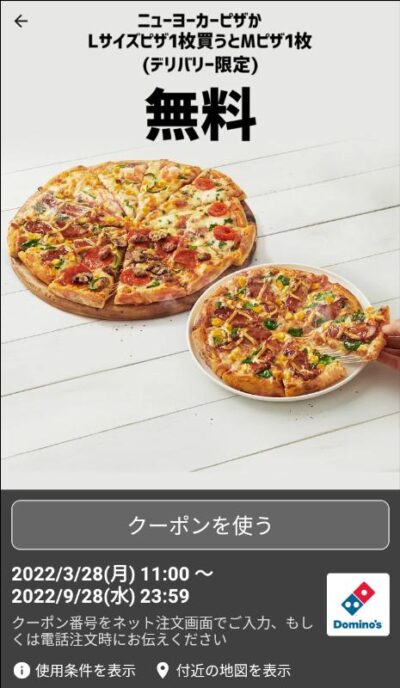 デリバリー限定ニューヨーカーピザかLサイズピザ1枚でお好きなMサイズピザ無料